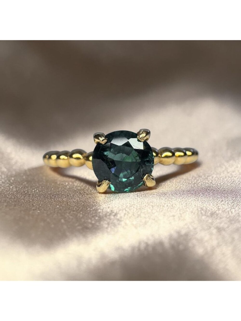 14K Gold Natural Teal Sapphire Ring Beaded Band Size 6 2/3ct Unheated Sapphire